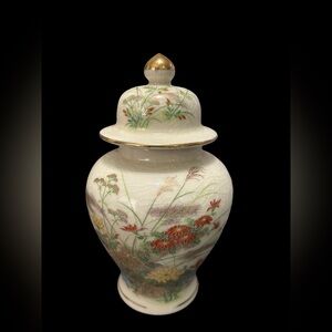 Floral Ceramic Lidded Vase with Gold Accents